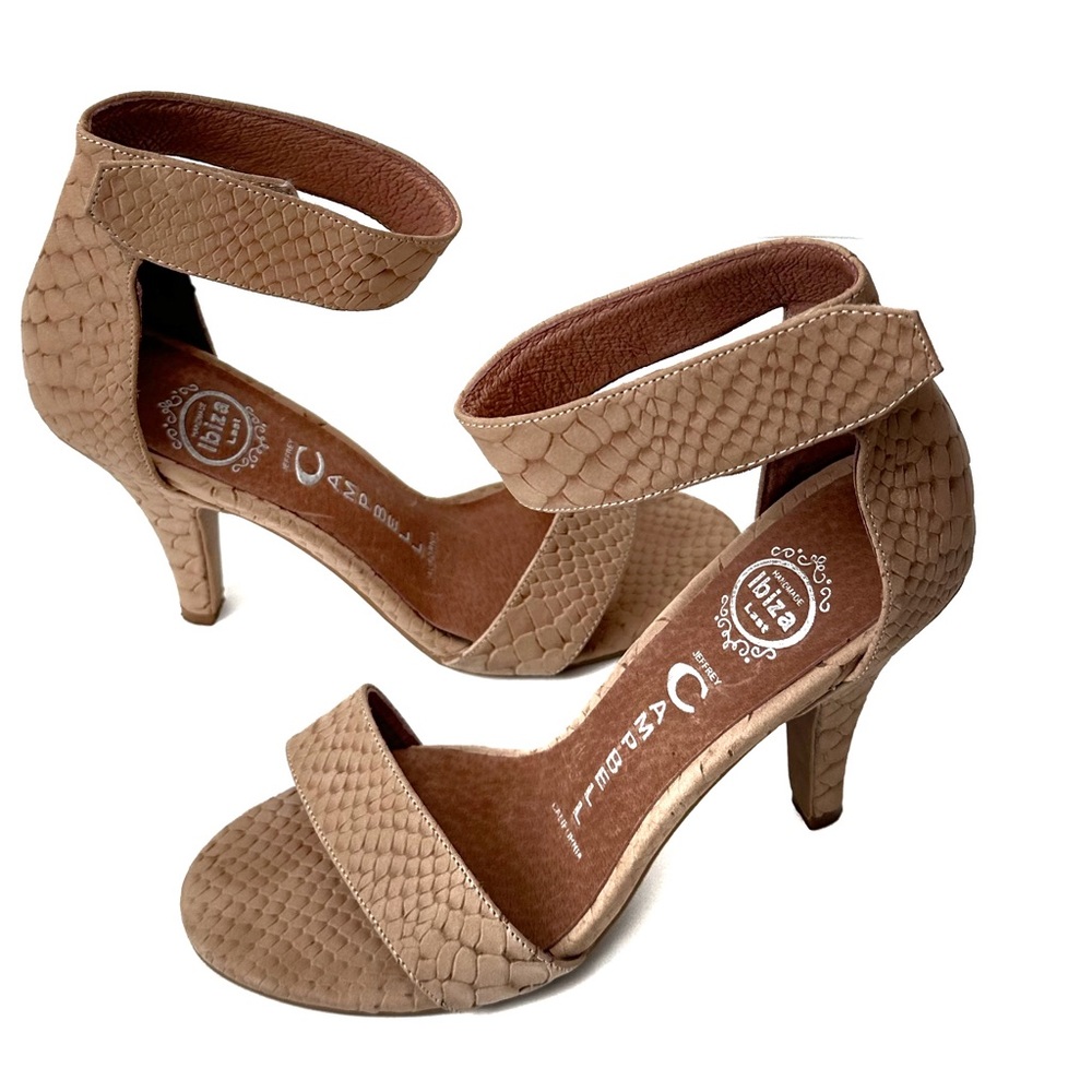 Jeffrey Campbell Ibiza California HOUGH Tan Croc Print Suede Ankle Strap Heels